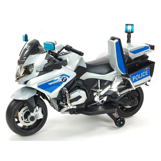 Elektrická policejní motorka pro děti BMW R 1200 RT se svítícími majáky a sirénou, stříbrná
